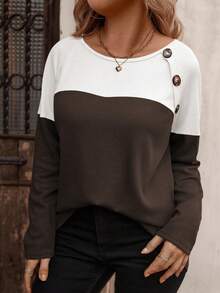 EMERY ROSE Áo thun nữ cổ tròn tay dài màu sắc cỡ lớn có nút trang trí, vải họa tiết kẻ caro nhỏ, mùa thu/đông - Nhiều màu - Xem 6