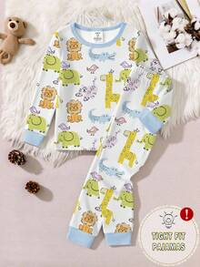 1 Set Baby Jungen Cartoon Giraffe, Löwe, Elefant Allover-Muster Eng anliegende Langarm-Oberteil und Hose Pyjama Set, Herbst/Winter - Weiss - Übersicht 1