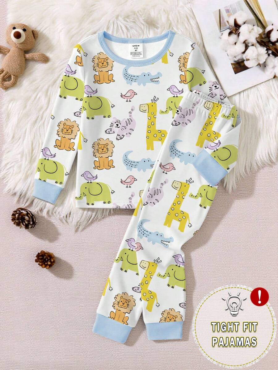 1 Set Baby Jungen Cartoon Giraffe, Löwe, Elefant Allover-Muster Eng anliegende Langarm-Oberteil und Hose Pyjama Set, Herbst/Winter - Weiss - Übersicht 1