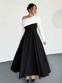 Firerie Plus Size Elegant Sophisticated Romantic Charming Formal Off-Shoulder Ruched Drawstring Waist A-Line Flare Hem Bodycon Long Sleeve Dress, Suitable For Dates, Parties, Balls, And Everyday Wear, New Design For Autumn/Winter - Black and White - View 1