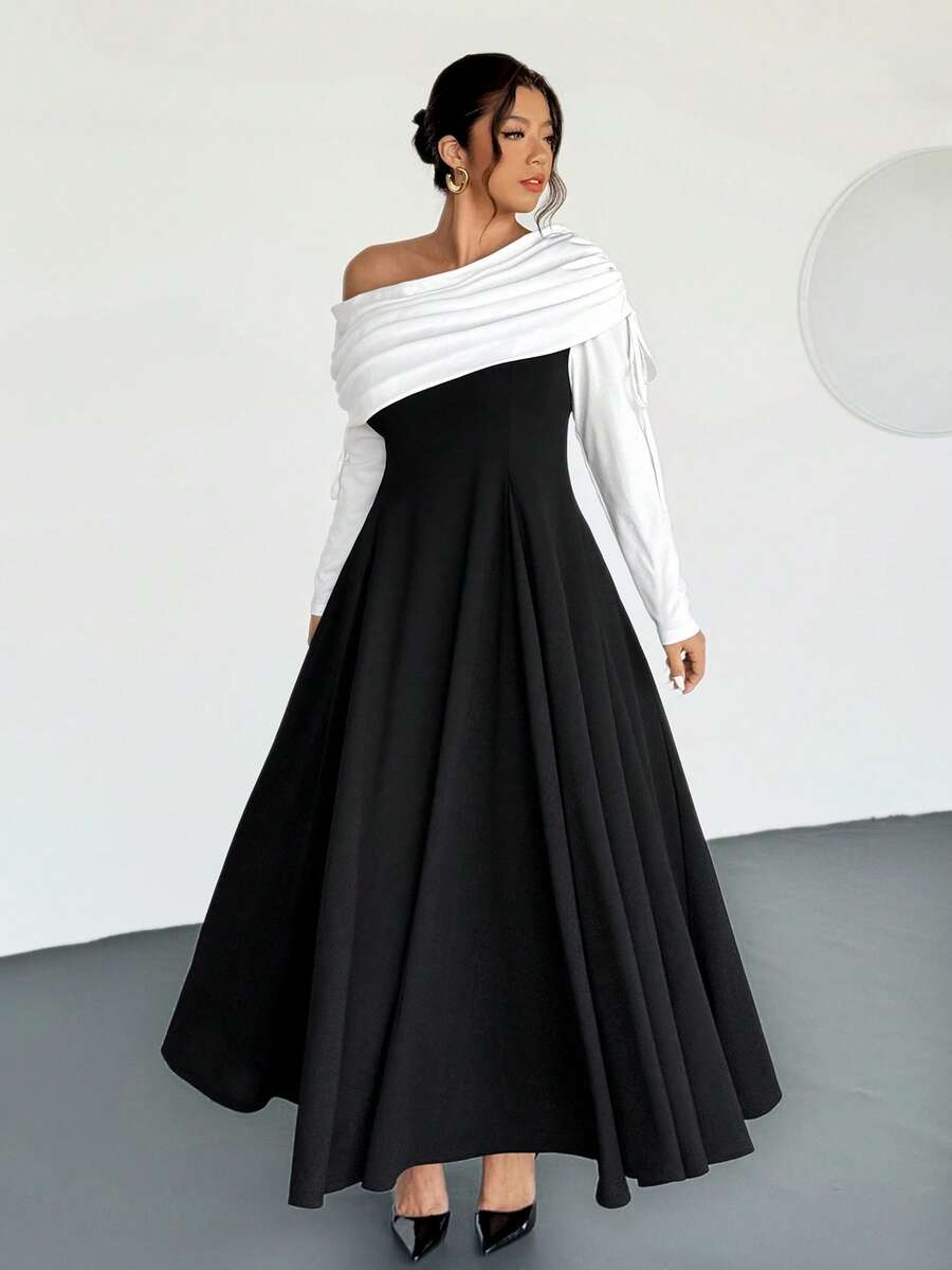Firerie Plus Size Elegant Sophisticated Romantic Charming Formal Off-Shoulder Ruched Drawstring Waist A-Line Flare Hem Bodycon Long Sleeve Dress, Suitable For Dates, Parties, Balls, And Everyday Wear, New Design For Autumn/Winter - Black and White - View 1
