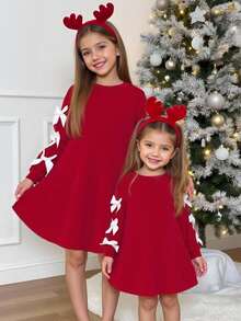 Emery Rose Kids Emery Rose Kids Sukienka dla młodej dziewczyny z kokardkami na rękawach, elegancka i urocza, idealna na święta, imprezy, urodziny, jesień/zimę