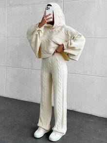 EURMUSE Casual Cable Knit Hooded Crop Sweater & Cable Knit Sweater Pants 2 Piece Co-Ords - Beige - View 8