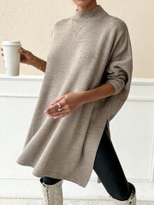 SHEIN Women Solid Color Mock Neck Half Sleeve Oversize Pullover - Beige - View 2