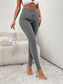 EURMUSE 97%纯棉女式高腰修身开衩牛仔裤 - 灰色 - 查看 6