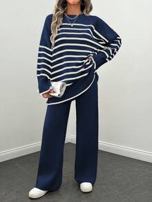 EURMUSE 2pcs Women Casual Striped Round Neck Dropped Shoulder Long Sleeve Sweater & Knit Pants Set, Autumn/Winter - Navy Blue - View 6