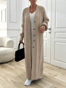 EURMUSE Women's Casual Daily Solid Color Simple Cable Knit Button Front Long Cardigan, Autumn/Winter - Beige - View 6