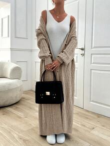 EURMUSE Women's Casual Daily Solid Color Simple Cable Knit Button Front Long Cardigan, Autumn/Winter - Beige - View 7