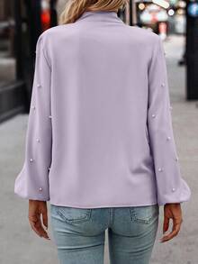 SHEIN LUNE 女士优雅通勤珍珠装饰领带衬衫 - 淺灰紫 - 查看 2