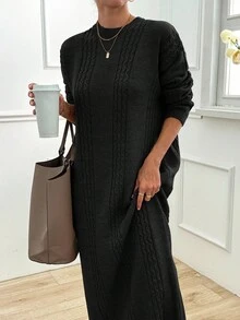 EURMUSE 女士落肩长袖纯色长款休闲针织毛衣连衣裙，秋冬 - 黑色 - 查看 2