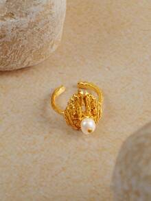 Opalesca 18k 镀金爱心纹理戒指、节日、度假、派对、优雅、高级、珍珠、适合妈妈/女士/女孩/母亲、秋季/秋/冬、服装、老钱、高级、珍珠、优雅、仙女/仙女 - 金色 - 查看 5