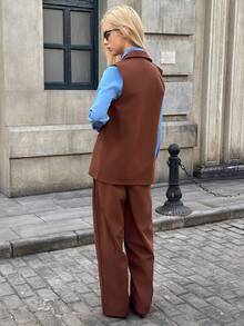 SHEIN 3 件套青少年女孩休闲时尚街头时尚翻领西装背心、长袖衬衫和裤子套装 - 棕色 - 查看 2