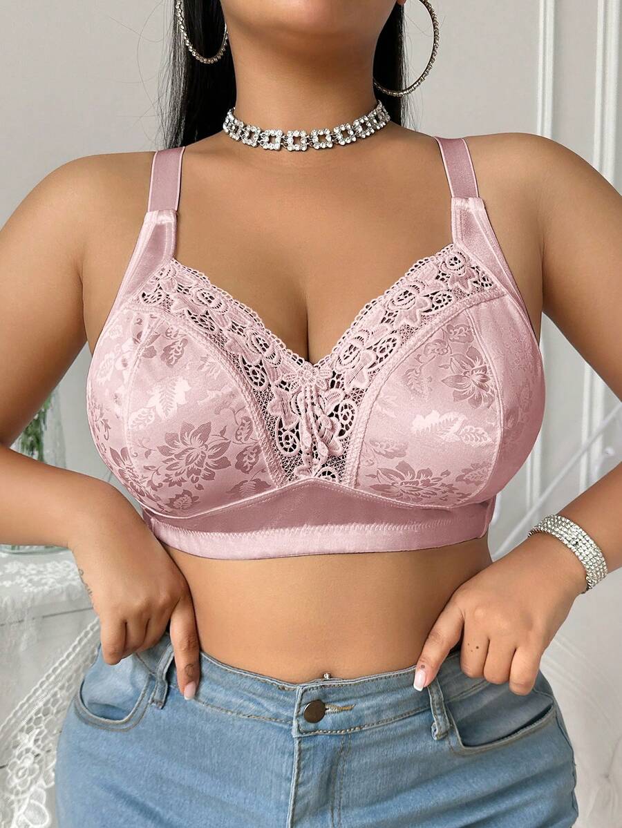 DesireSculpt 大码蕾丝拼接无钢圈文胸 - 粉色 - 查看 1