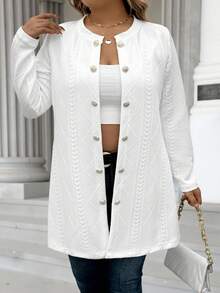 Calvaya Plus Size Women Casual Textured Fabric Solid Color Button Decor Jacket Fall Winter Cloth For Women Autumn - White - View 5