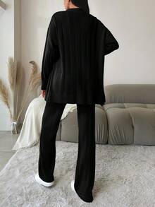 EURMUSE 2pcs Women's Solid Color Button Front Long Sleeve Simple Sweater And Pants Casual Outfit - Black - View 2