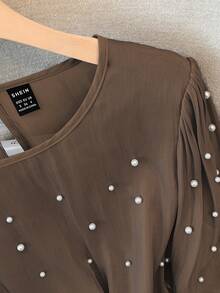 SHEIN Clasi Plus Size Luxury Beaded French Style Blouse - Brown - View 3