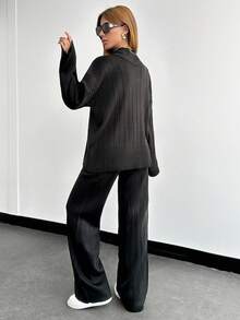 EURMUSE Solid Color Long-Sleeved Sweater And Knitted Trousers Two-Piece Set - Black - View 2