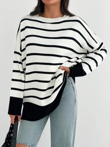 SHEIN Tall 女式黑白休闲毛衣，日常穿着，秋季，冬季 - 黑與白 - 查看 7