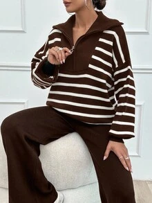 SHEIN Tall 条纹灯笼袖毛衣和针织裤 - 棕色 - 查看 6