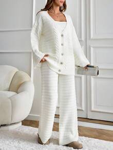 EURMUSE Casual V Neck Cable Knit Textured Pattern Cozy Oversize Balloon Sleeve Button Down Cardigan & Wide Leg High Waist Knitted Pants 2 Pieces Knit Set For Fall Winter Women Outfits White Knit Set Women Two Piece Knit Set White Matching Set Women Womens White Knit Suit White 2 Piece Set Women - Apricot - View 3