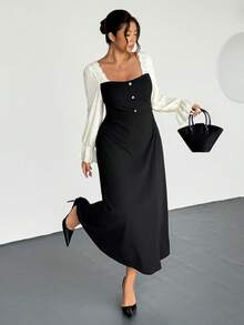 Firerie 大码优雅蕾丝珍珠纽扣装饰休闲连衣裙，适合工作、办公室、通勤、春秋冬 - 黑色 - 查看 3