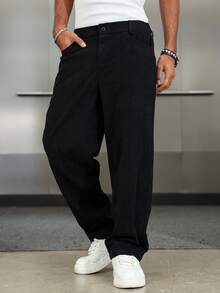 Manfinity EMRG Men's Solid Color Patch Pocket Corduroy Loose Casual Pants, Loose Straight Leg Casual Baggy Korean Pants, Winter