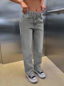 CasuGlow 100% Cotton HIGH RISE ASYMMETRIC BELT STRAIGHT CUT JEAN - Grey - View 3