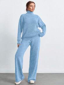SHEIN Tall 高領落肩袖毛衣與長褲套裝，女款套裝，小碼套裝，套裝，小碼，冬季衣物，高個子女性 - 淺藍色 - 查看 5