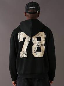 STYNVO Men's Autumn/Winter Numeric Print Zip-Up Hooded Casual Sweatshirt - Black - View 4