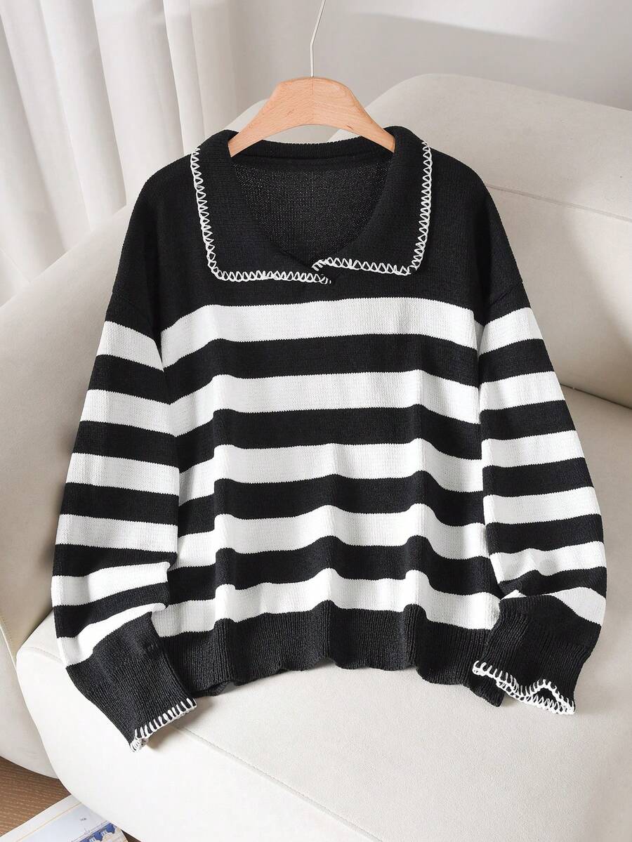 CosyJoli Suéter de punto minimalista con cuello vuelto, bloque de color y rayas en blanco y negro, de estilo francés elegante y casual, para mujeres de talla grande, ropa de otoño e invierno para mujeres