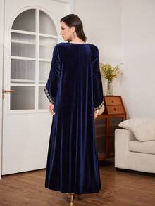 Al Najma 海军蓝色奢华天鹅绒刺绣优雅长袖连衣裙，适合正式场合，秋冬季 - 寶藍色 - 查看 2