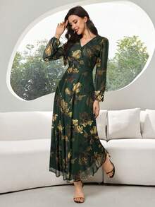 Modelyn Women's Colorblock Printed Elegant V-Neck Long Sleeve Dress