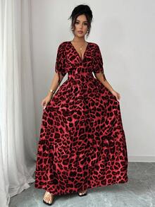 Selianne Váy midi xòe eo cổ chữ V họa tiết da báo màu kaki dành cho nữ - Đỏ - Xem 5
