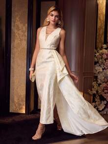 MOTF Soiréza ELEGANT FLORAL JACQUARD RUFFLE WAIST MAXI FORMAL DRESS FOR BANQUET, PARTY, EVENT - Apricot - View 6