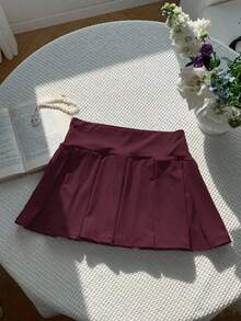 Comfortcana 女式纯色针织可爱运动百褶迷你裙 - 酒紅色 - 查看 5