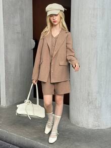 SHEIN 3pcs/Set Teen Girl Plain Single-Breasted Vest, Long Sleeve Blazer Jacket And Casual Shorts - Khaki - View 3