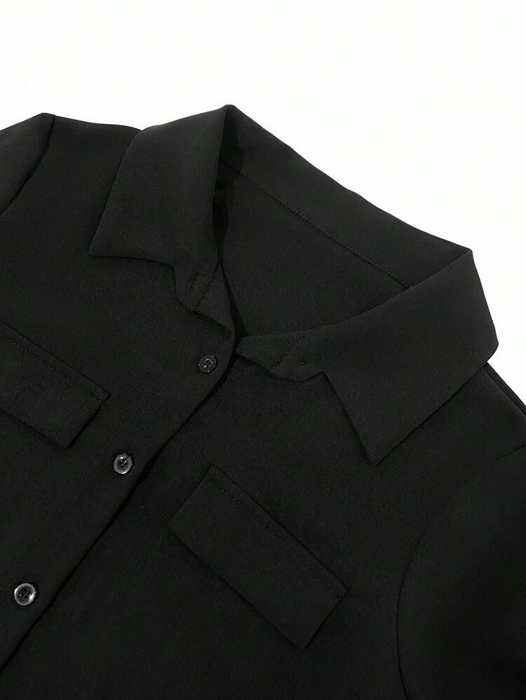 Franclia Avslappnad svart knapphalskrage med fickor, långärmad skjortklänning, elegant maxi-outfit för kvinnor - Svart - Visa 4