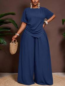 Veslaya 加大码纯色不对称下摆垂坠短袖上衣和阔腿裤优雅两件套 - 水鴨藍 - 查看 8