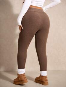 Elaquor Plus Size Women Brown Casual Solid Color Elastic Knit Leggings, Brown Pants For Women, Versatile All-Match Pants For Autumn/Winter - Apricot - View 2