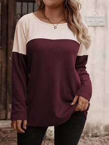 INAWLY Damen Farbblock Rundhals Langarm Oversize T-Shirt, mit dekorativen Knöpfen und strukturiertem Karostoff, Herbst/Winter Grafik T-Shirts Damen Tops für Frühlingsoutfits