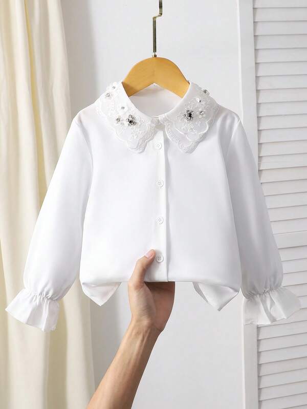 Sparklyn Camicia elegante da principessa per ragazze con colletto arricciato ricamato, maniche lunghe, abbottonatura frontale, adatta per scuola, vacanza, viaggio, festa di compleanno, primavera/autunno