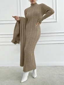 EURMUSE Women Cable Knit Sweater Dress And Cardigan Set, Casual Daily Wear Autumn/Winter - Camel - View 5