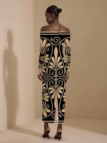 JIAN  LASALA Jian Lasala Floral Print Casual Elegant Dignified Minimalist Sexy Women's High Stretch Fitted Long Sleeve Off Shoulder Midi Dress, Suitable For Daily, Work, Outing, Travel, Date, Party, Christmas, Halloween In Autumn/Winter Bodycon Maxi Dress Women Graphic Dress Off-Shoulder Maxi Dress - Multicolor - View 2