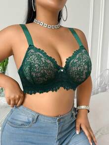 DesireSculpt 1 szt. koronkowy biustonosz na fiszbinach w dużym rozmiarze, na Boże Narodzenie - Zielony - Zobacz 3