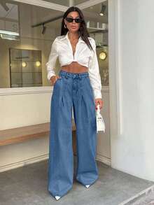 SHEIN Cottnline 100% Cotton HIGH WAIST WIDE LEG VINTAGE  JEAN - Blue - View 5