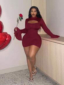 Veslaya Slayr Plus Size Sexy Red Hollow Out Bodycon Dress With Flare Sleeves, Revealing Chest Design/Christmas - Burgundy - View 1