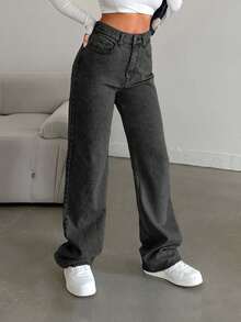 SHEIN Cottnline Snow Wash Straight Leg Jeans High Rise ,Petite Women - Dark Grey - View 3