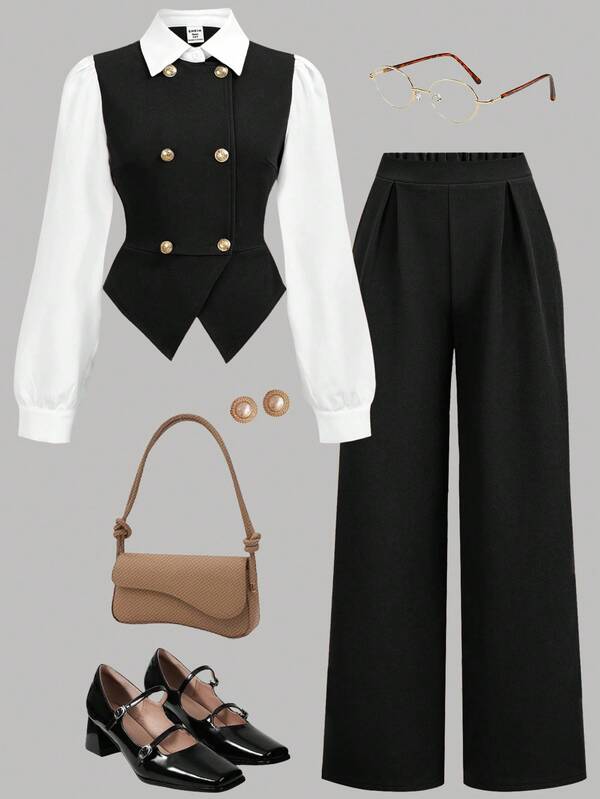 Girlism Teen Girls Shirt Co-Ords Patchwork Double-Breasted Lapel Shirt & Solid Color Pants Casual Suit Set