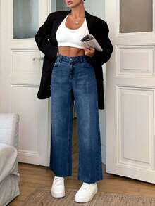 EURMUSE 100 Cotton Mid Waist Frayed Hem Wide Leg Jean Holiday Navy Blue Autumn Streetwear - Medium Wash - View 3