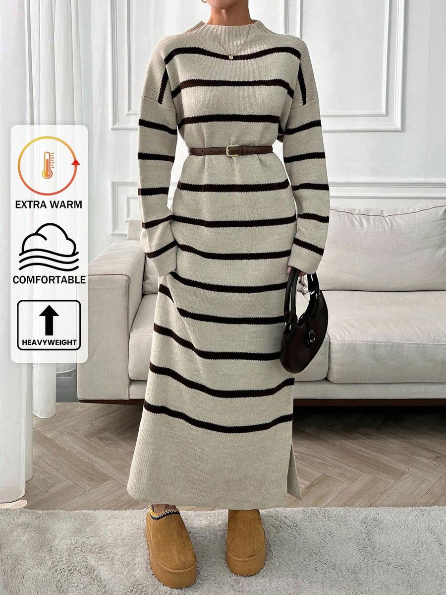 EURMUSE Apricot And Brown Striped Thick And Maxi Sweater Dress - Apricot - View 1